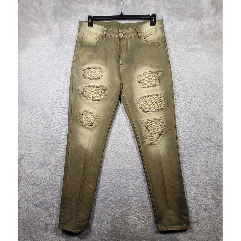 Distressed Slim Jeans Mens 36 Olive Green Biker Moto Ribbed Patches *